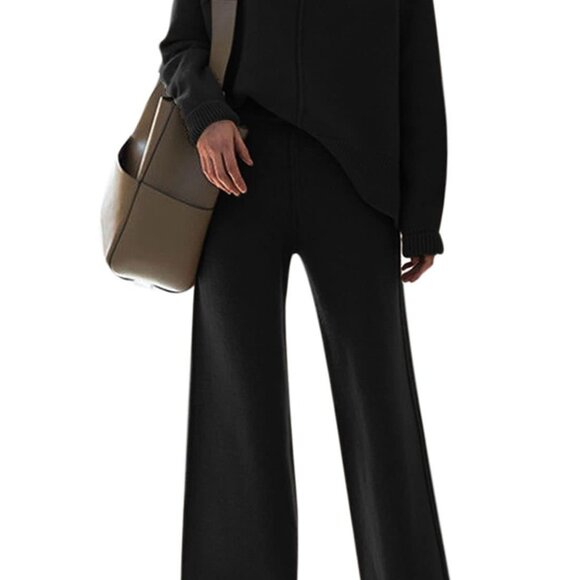 Knit Sweatsuit Set Turtleneck Top Wide Leg Pants Lounge Outfit Chic Minimal